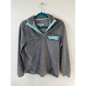Jachs Cabin Fleece Pullover Sweatshirt Gray Light Blue Snap Neck XS